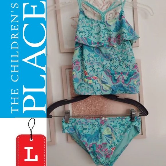 🎁5/$25 - Place aqua/teal two piece swim suit with butterflies_ size large 10/12 - Picture 1 of 8
